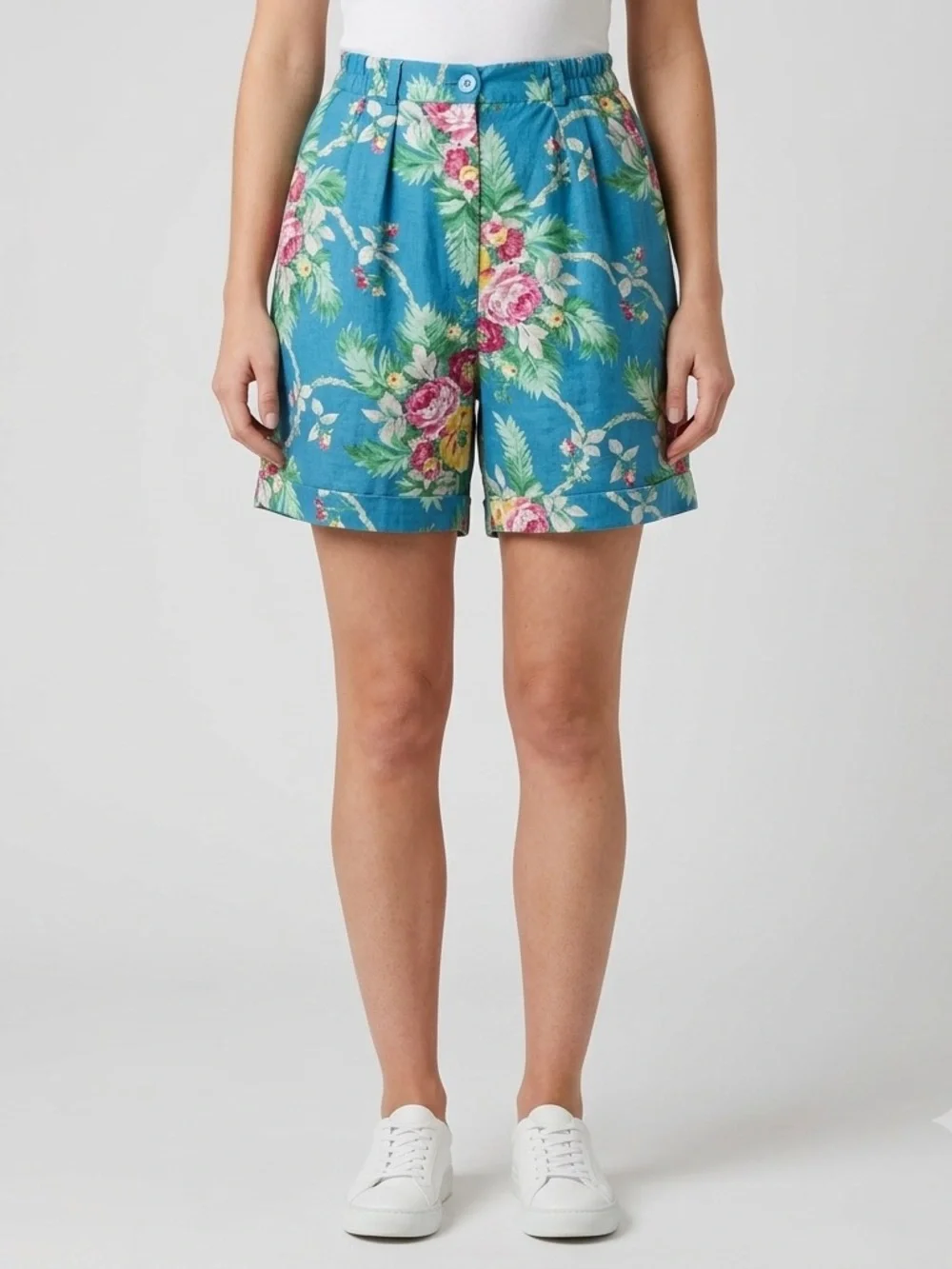 Lauren Ralph Lauren Blue Floral 100% Linen High-Waist Button-Front Shorts Size 6